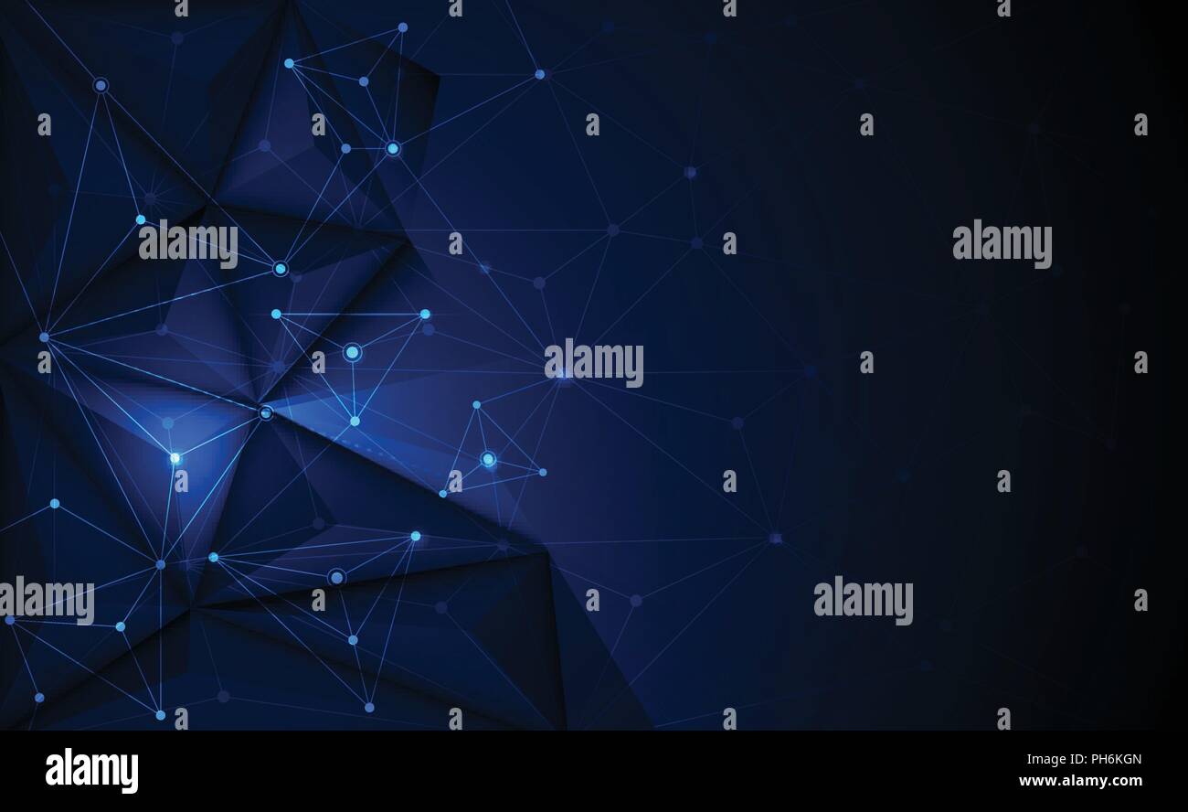 Illustrazione geometrica vettoriale 3D, poligono, linea, forma a triangolo con struttura della molecola. Poligonale con sfondo blu scuro. Illustrazione Vettoriale