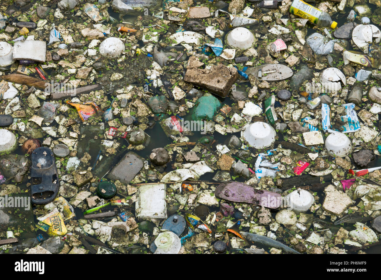 Sacchetti di plastica, bottiglie, polistirene e altri rifiuti contamina l'acqua della laguna in Pushkar, India Foto Stock