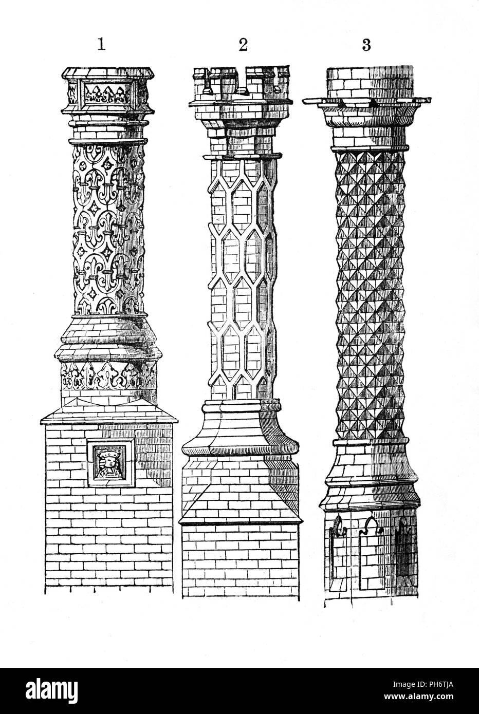 Esempi del XVI secolo, ornato e di elementi decorativi in stile Tudor ciminiere in laterizio. Numero 1è East Barsham Manor; numero 2 è di Hampton Court e il numero 3 è Eton College. Foto Stock