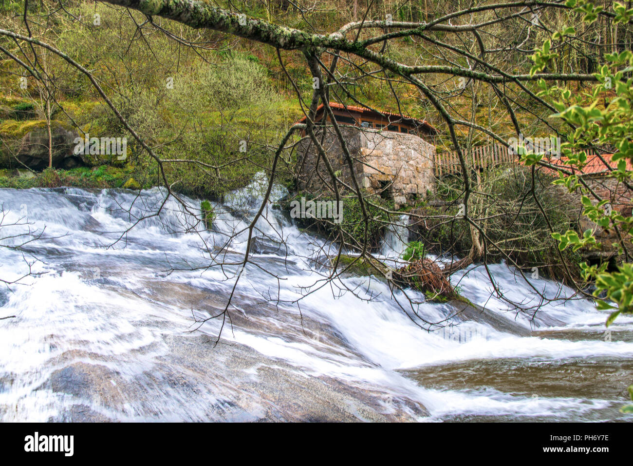 La cascata e gli antichi mulini ad acqua in Galizia, Spagna. Parco naturale del fiume Barosa Foto Stock