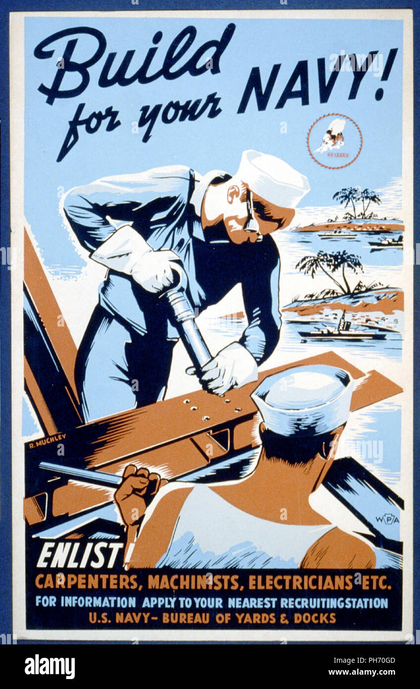 Poster incoraggiante operai qualificati per partecipare alla Seabees come parte dello sforzo di guerra. Foto Stock