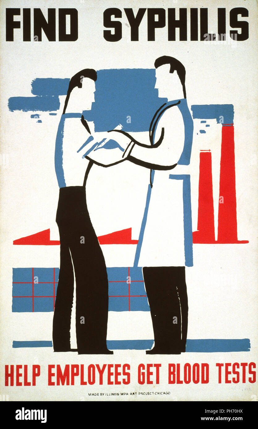 Poster di promozione datore di lavoro sponsorizzato da esami del sangue per il rilevamento di sifilide, mostrando un medico il prelievo di sangue da un lavoratore in un ambiente industriale. Foto Stock