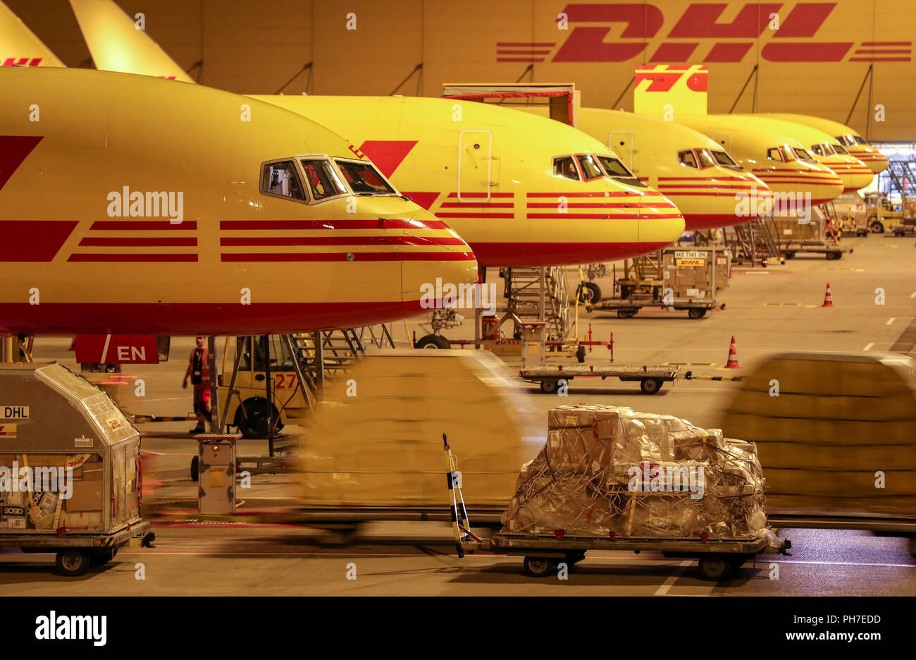 29.08.2018 Sassonia, Schkeuditz: DHL aerei cargo sono scaricati all'aeroporto di Leipzig/Halle di notte. Il mozzo di DHL a Leipzig Airport entrò in funzione dieci anni fa. A quel tempo, 125.000 spedizioni sono state gestite al giorno in media, oggi è 350.000. Il mozzo di Lipsia ha sviluppato nel più grande all'interno del network DHL Express in dieci anni. Nel frattempo 5700 persone lavorano presso la posizione, 99 percento di essi dalla regione. In aggiunta ai cinque nuovi aeromobili, DHL è la pianificazione di un simulatore di volo per centro pilota di formazione e di addestramento. Foto: Jan Woitas/dpa-Zentralbild/dpa Foto Stock