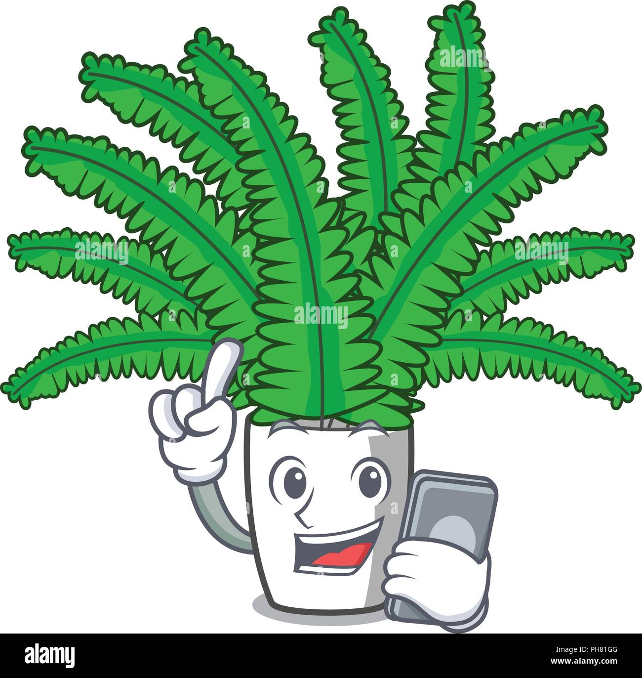 Con telefono fern frond decorazione di telaio su cartoon illustrazione vettoriale Illustrazione Vettoriale