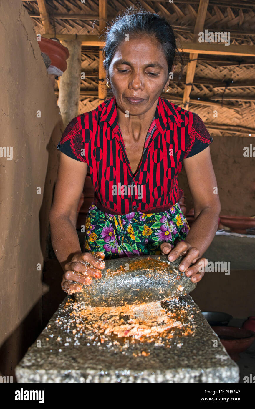 Ritratto verticale di una signora cucina tradizionale dello Sri Lanka il cibo. Foto Stock