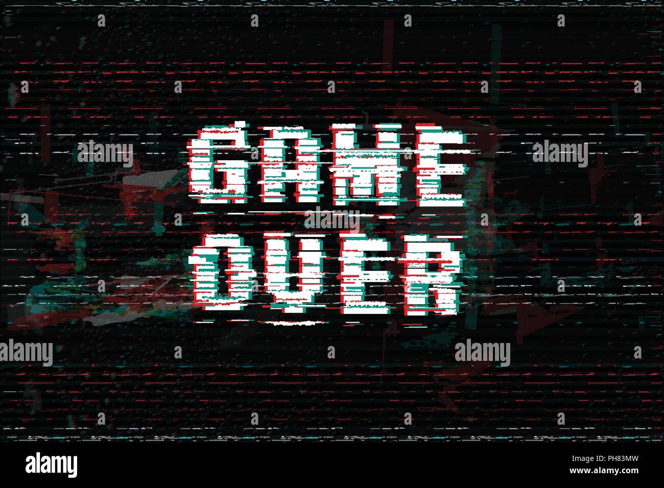 Game Over, messaggio sullo schermo, illustrazione vettoriale. Effetto di Glitch testo, il rumore digitale dello sfondo. Illustrazione Vettoriale