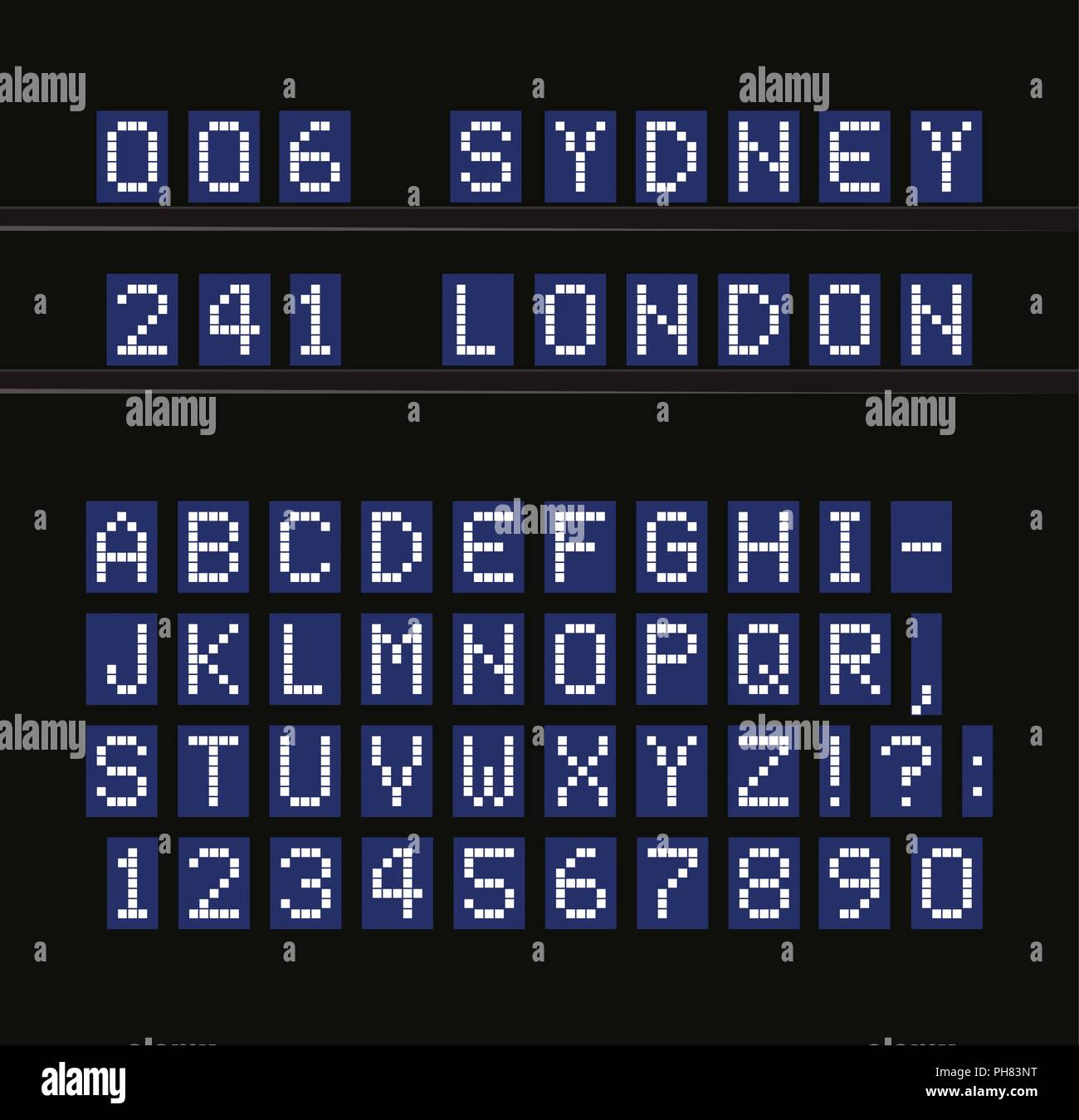 Vettore di led alfabeto. Terminale digitale tabella lettere bianche su sfondo blu. Aeroporto, Porto, stazione ferroviaria e dispositivo elettronico ricomposto. Illustrazione Vettoriale