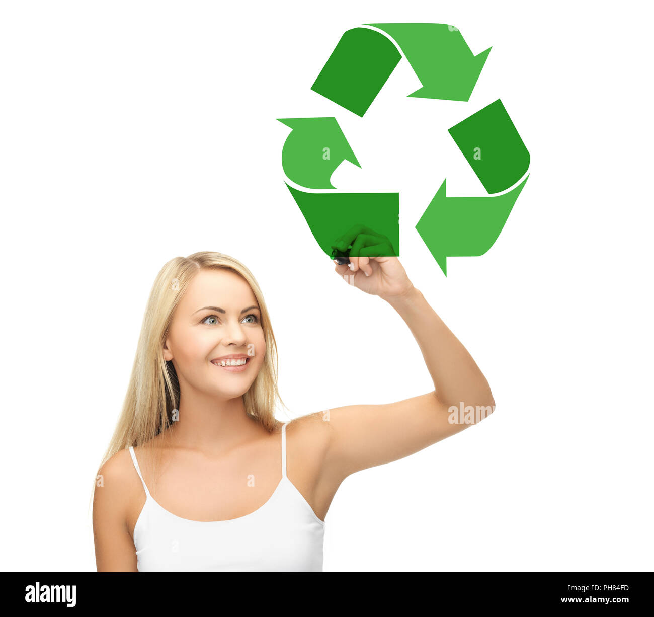 Donna felice disegno verde simbolo di riciclaggio Foto Stock