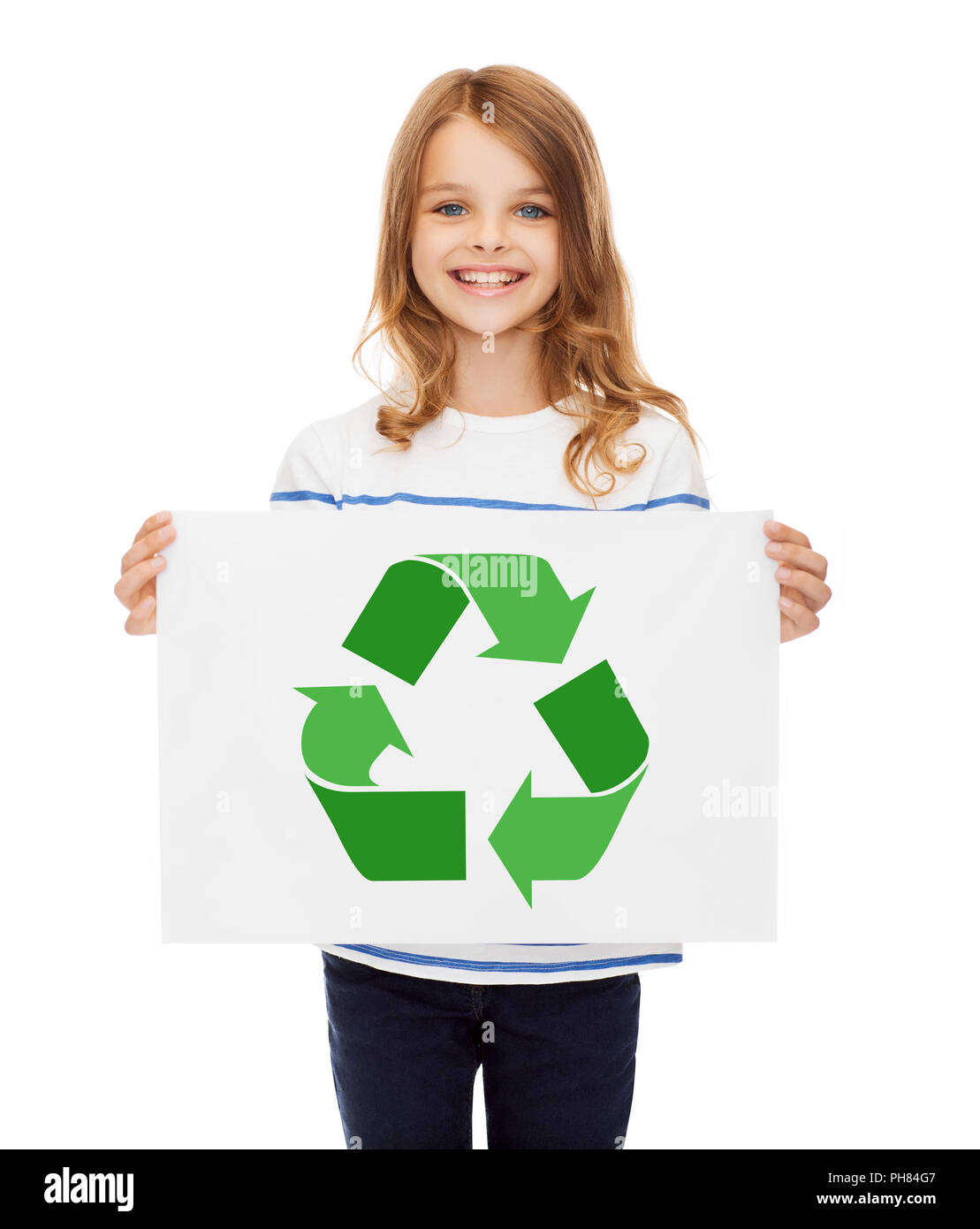 Ragazza con foto di verde simbolo di riciclaggio su carta Foto Stock
