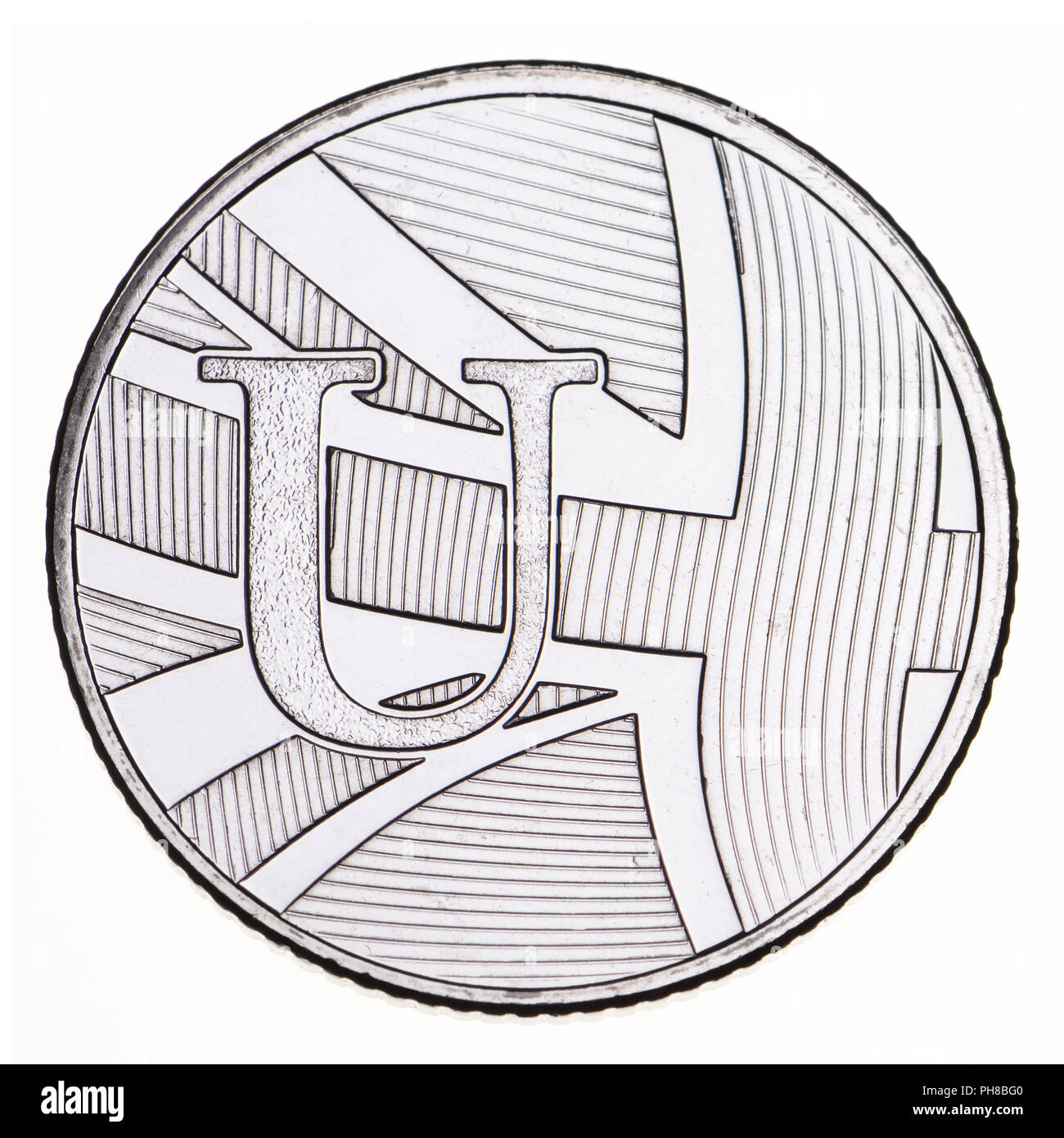 British 10p moneta (retromarcia) da 2018 alfabeti serie, celebrando britannicità. U - Unione Bandiera Foto Stock