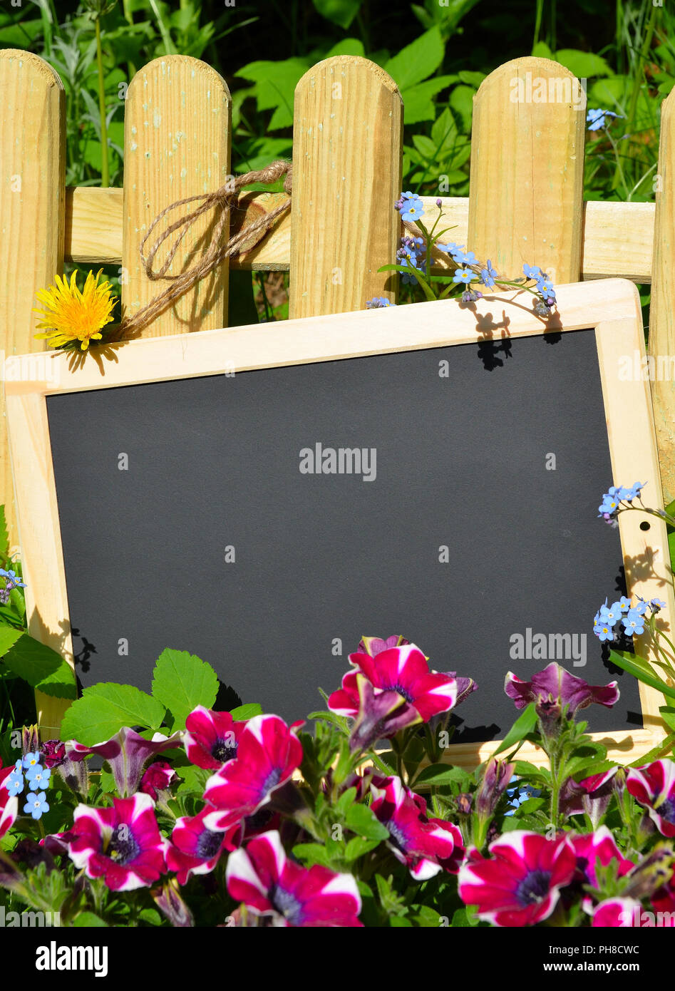 Segno con fiori su recinzione libera Foto Stock