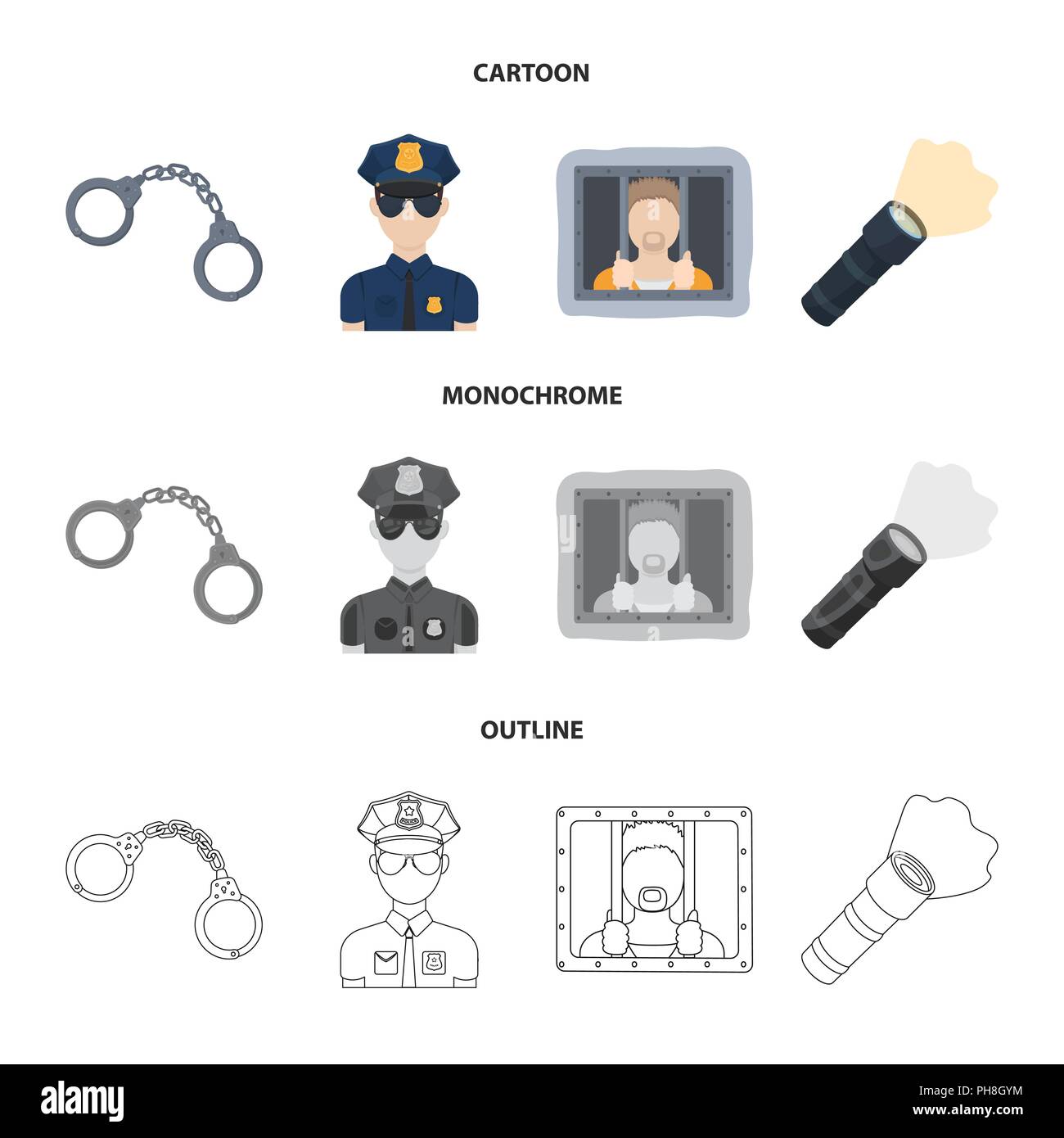 Manette, poliziotto, prigioniero, torcia elettrica.La polizia set di icone di raccolta in cartoon,contorno,monocromatico vettore stile simbolo illustrazione stock . Illustrazione Vettoriale