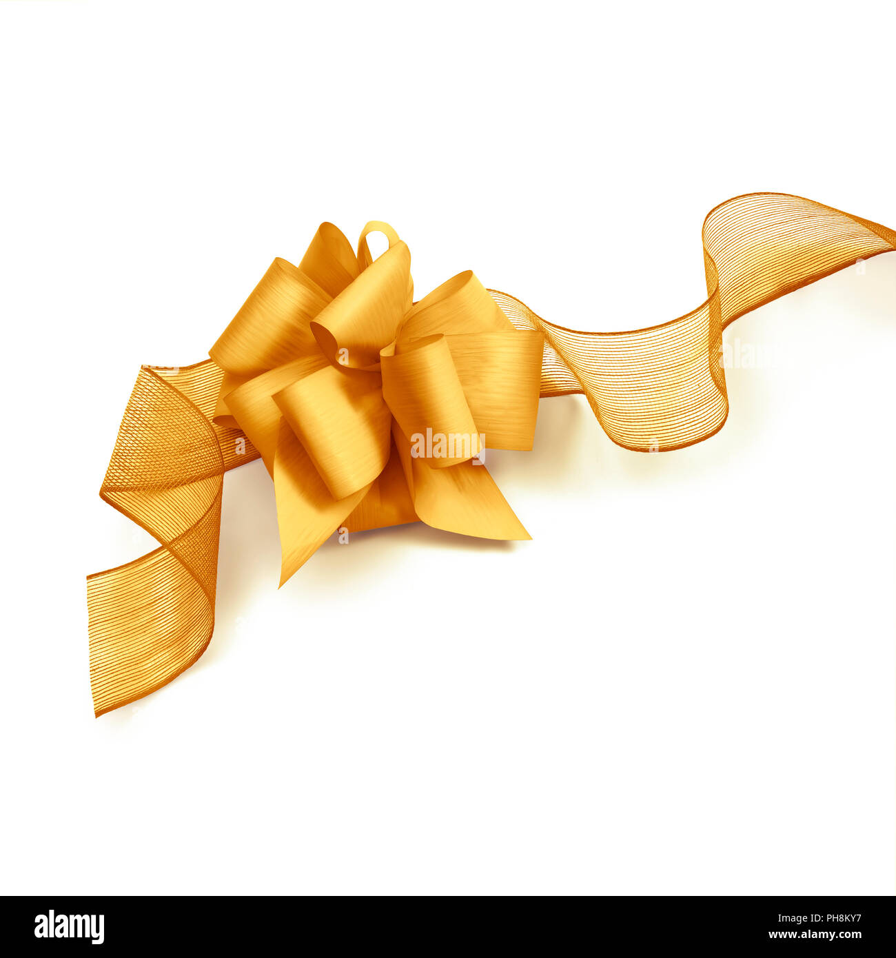 Golden bow e nastro isolati su sfondo bianco Foto Stock