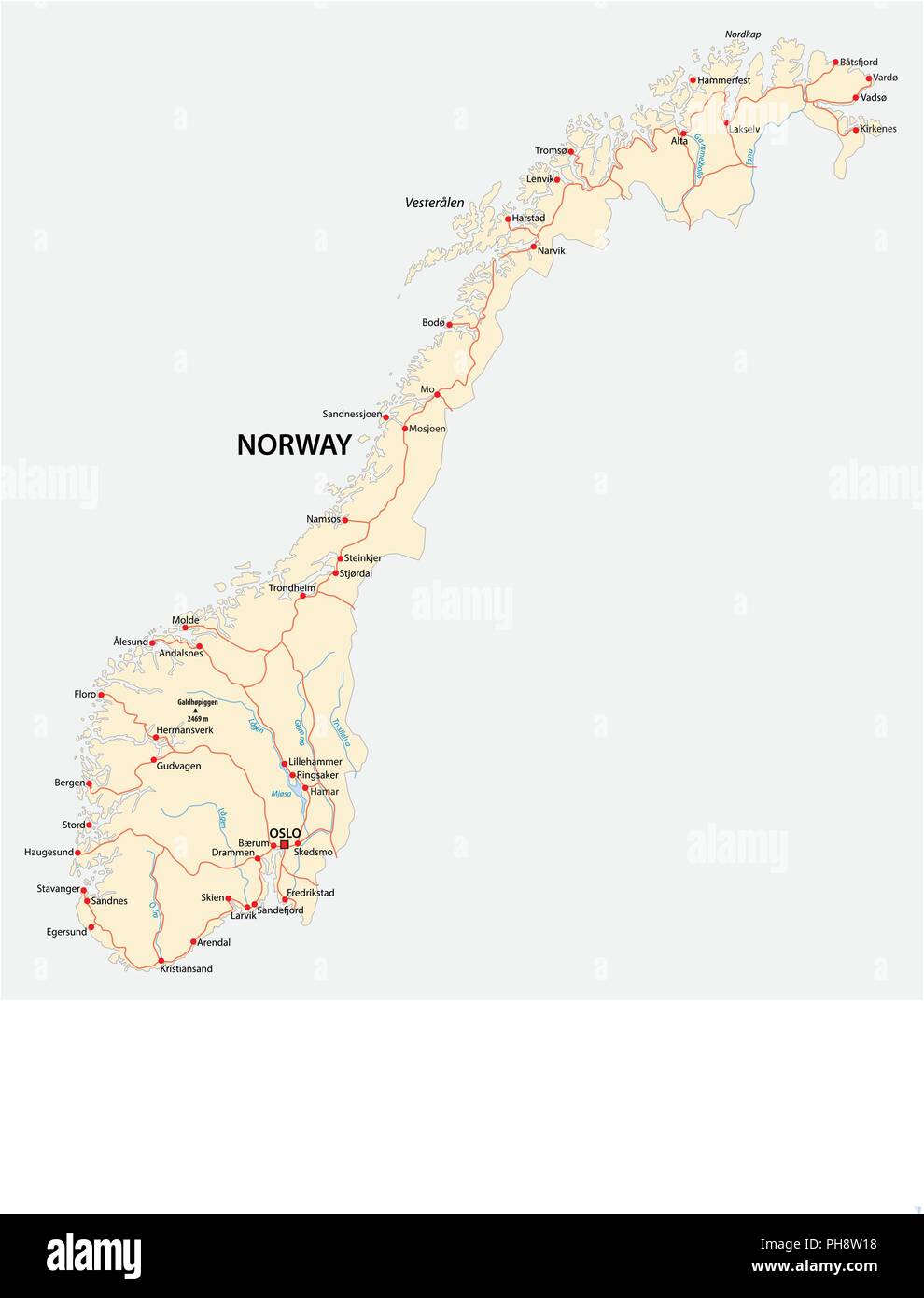 Regno di Norvegia vettore mappa stradale Illustrazione Vettoriale