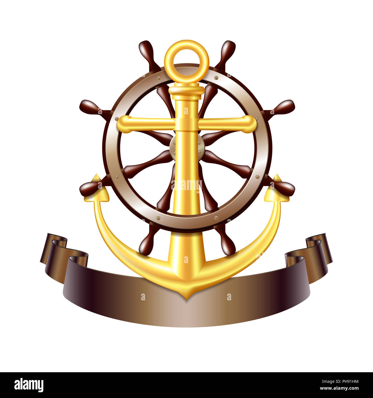 Emblema nautico con golden anchor, vettore Foto Stock