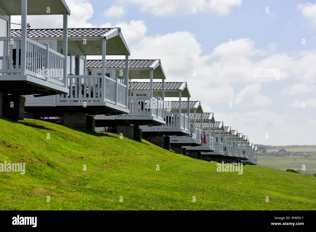 Roulotte statiche con una vista mare,Riviere Sands Holiday Park,Riviere Towans Hayle,Cornwall,l'Inghilterra,UK Foto Stock