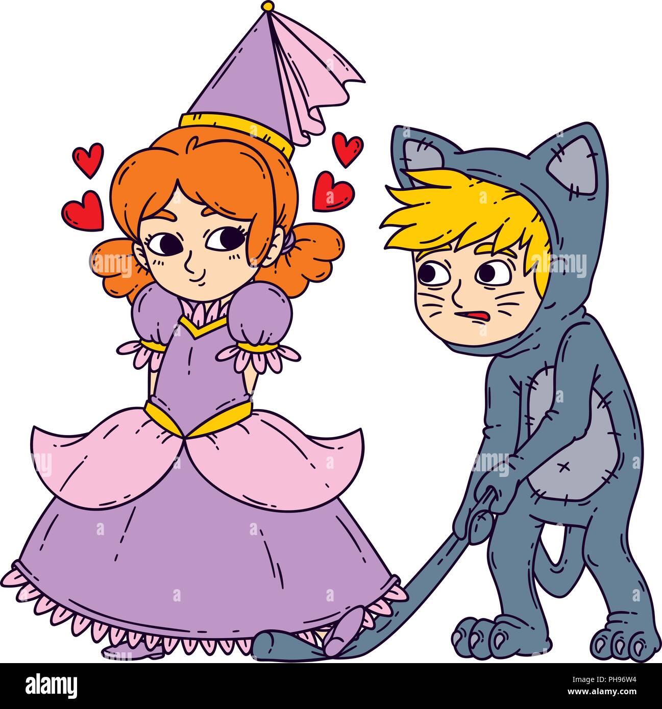 Un ragazzo e una ragazza in costume di halloween princess e cat. Ragazza flirtare con ragazzo. Illustrazione di vettore isolato su sfondo bianco. Illustrazione Vettoriale