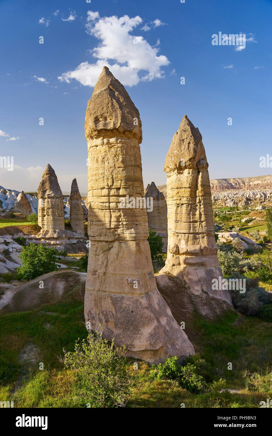 Camini di Fata rock formazione in Love Valley, Cappadocia, Goreme National Park, Turchia Foto Stock