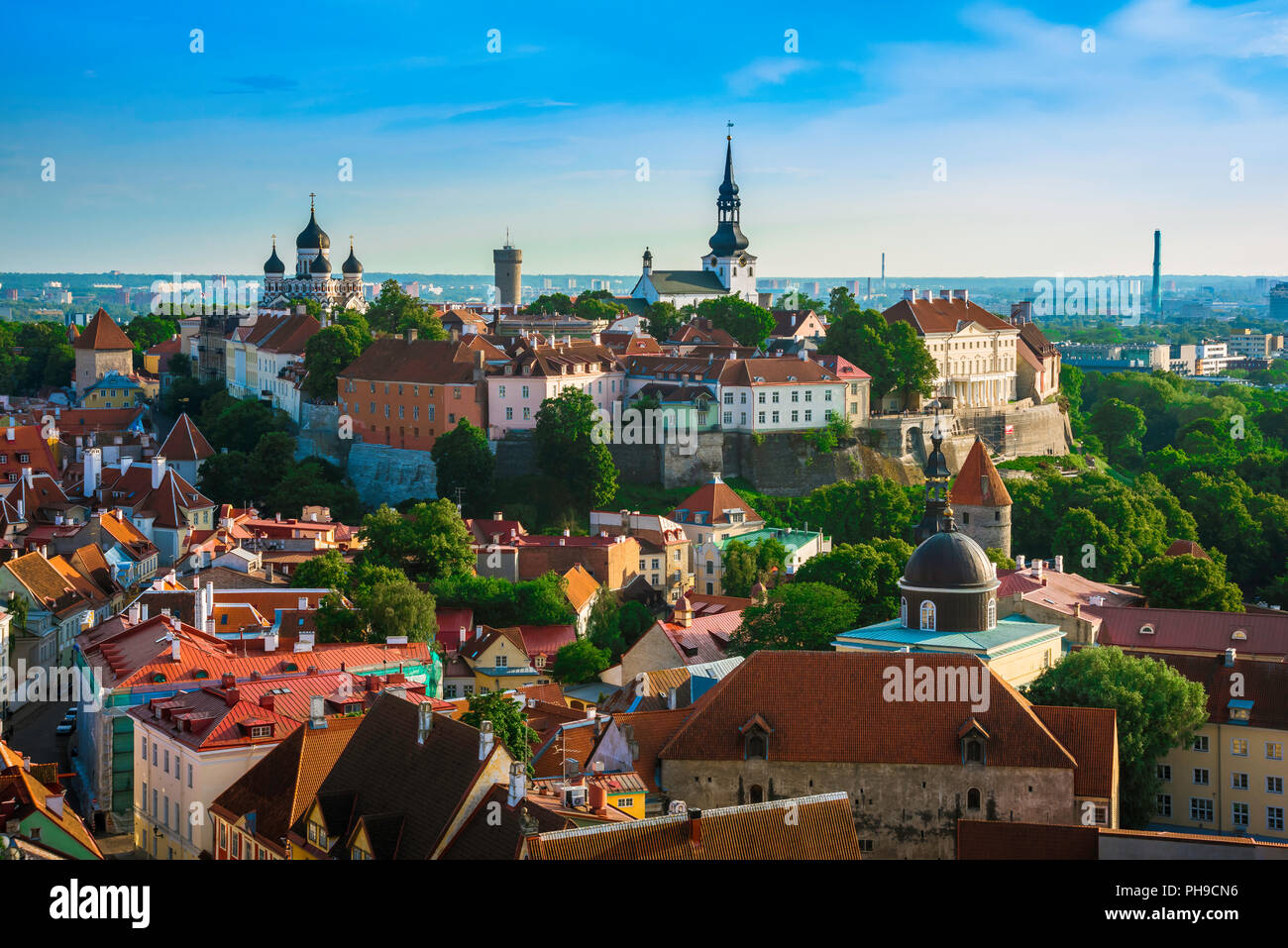 Città vecchia di Tallinn, vista attraverso i tetti panoramici del quartiere medievale della Città Vecchia nel centro della città verso la collina di Toompea, Tallinn, Estonia. Foto Stock