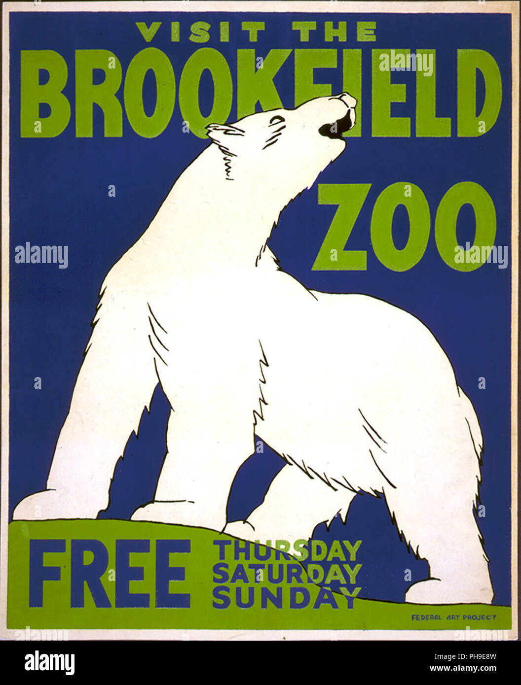 Poster per il Brookfield Zoo annunciando giorni quando ingresso allo zoo è libero, che mostra un orso polare. Foto Stock