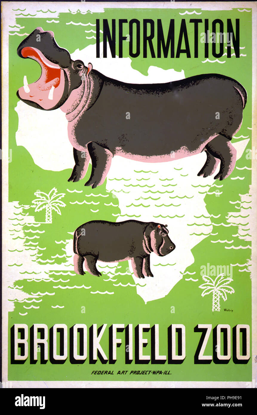 Poster per la Zoo Brookfield, mostrando ippopotami sovrapposto al contorno dell'Africa. Foto Stock