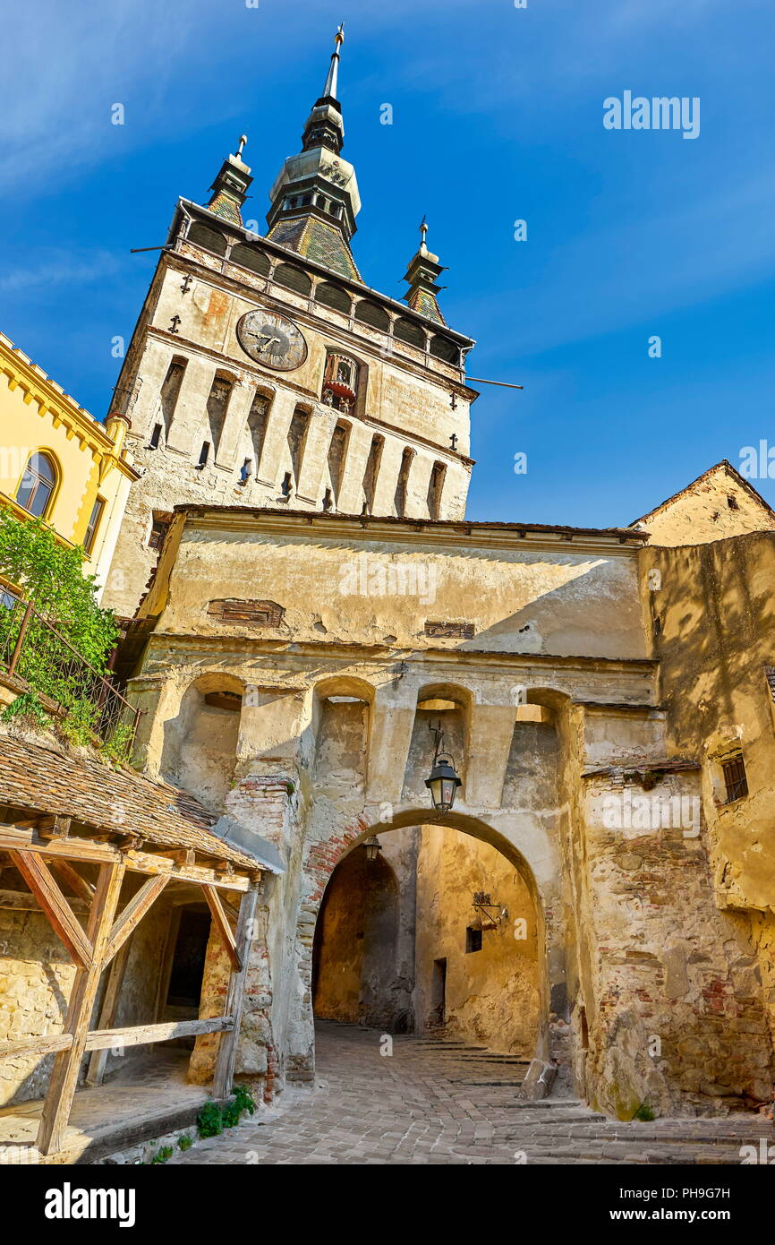Torre dell Orologio nella città vecchia Sighisoara, Transilvania, Romania Foto Stock