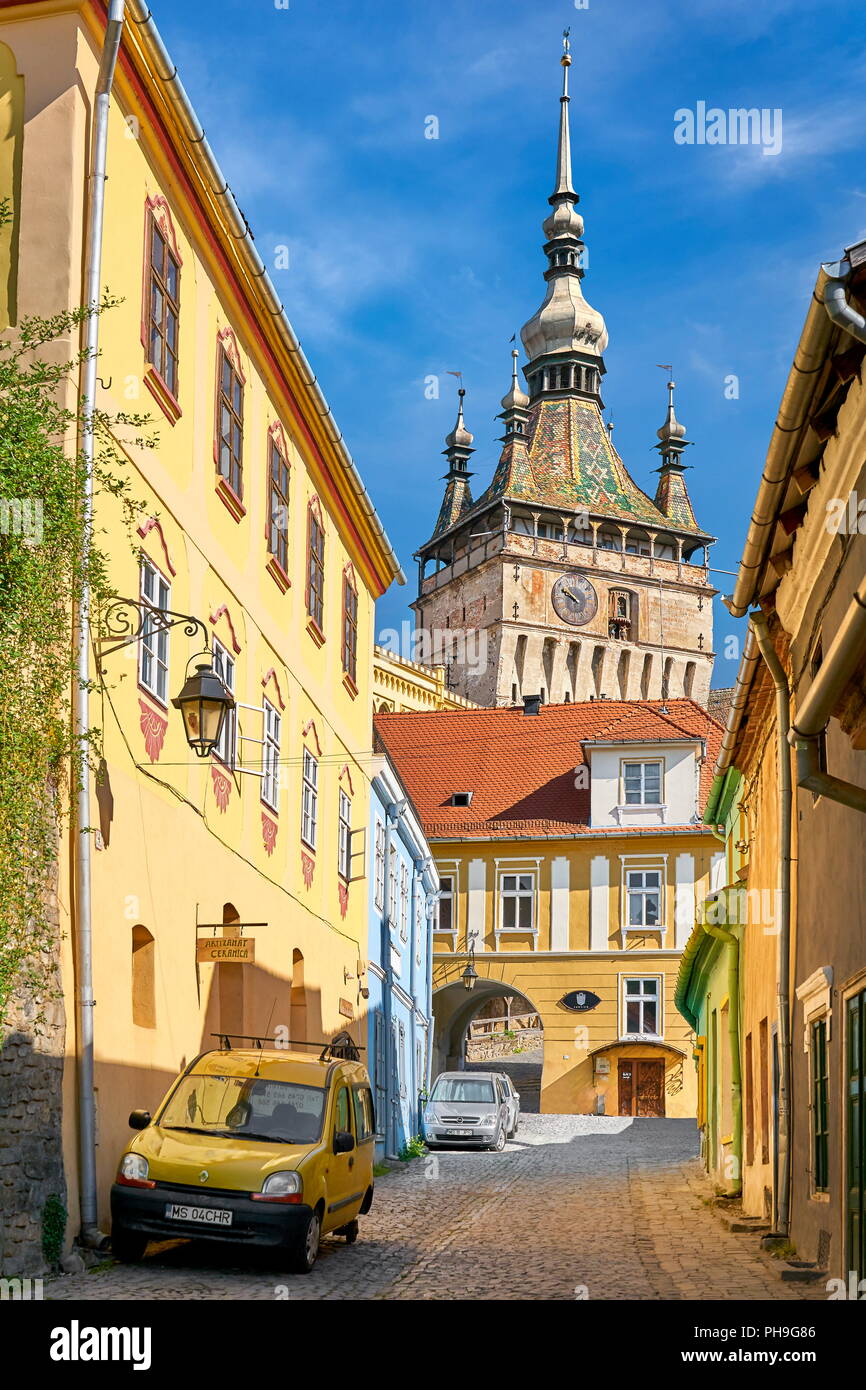 Torre dell Orologio nella città vecchia Sighisoara, Transilvania, Romania Foto Stock