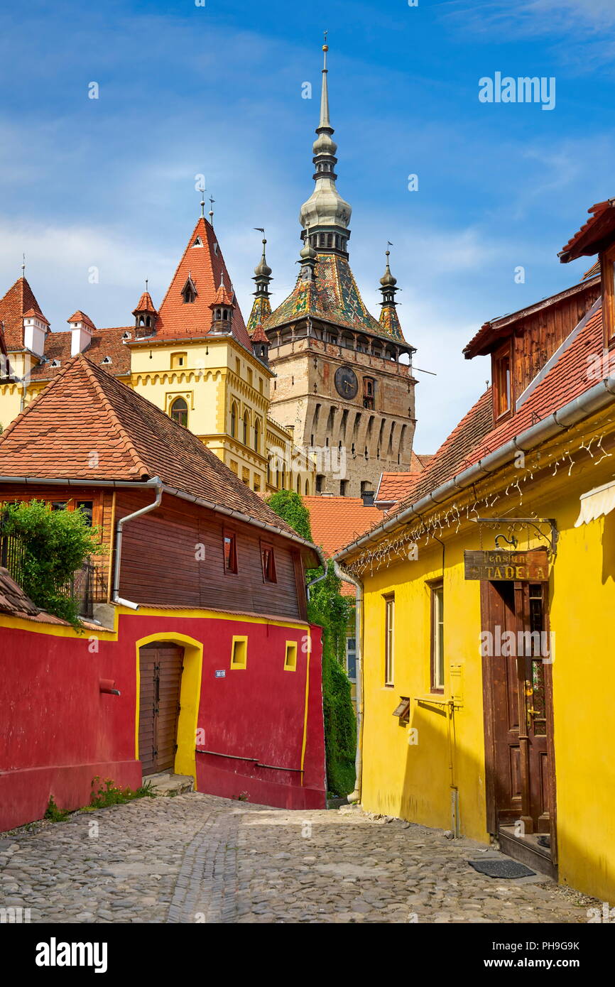Torre dell Orologio nella città vecchia Sighisoara, Transilvania, Romania Foto Stock
