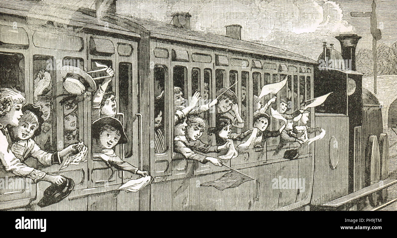 Bambini vittoriano su un treno a vapore, sventolando bandiere, hankies e cappelli Foto Stock