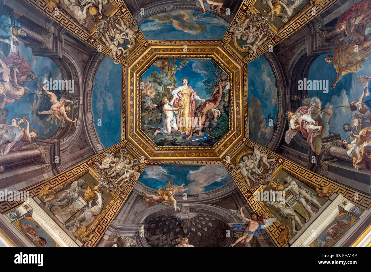 Il soffitto affrescato nella Sala delle Muse all'interno di Musei Vaticani, Sito Patrimonio Mondiale dell'UNESCO, Città del Vaticano, Roma, Lazio, l'Italia, Europa Foto Stock