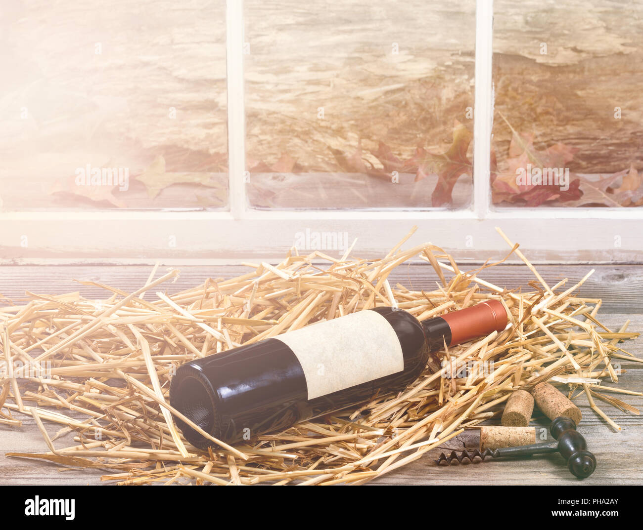 La luce della finestra sulla bottiglia di vino in appoggio in paglia Foto Stock