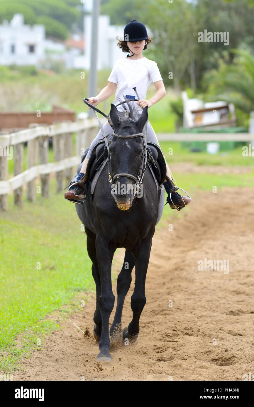 Bambina in sella a un cavallo nero Foto Stock