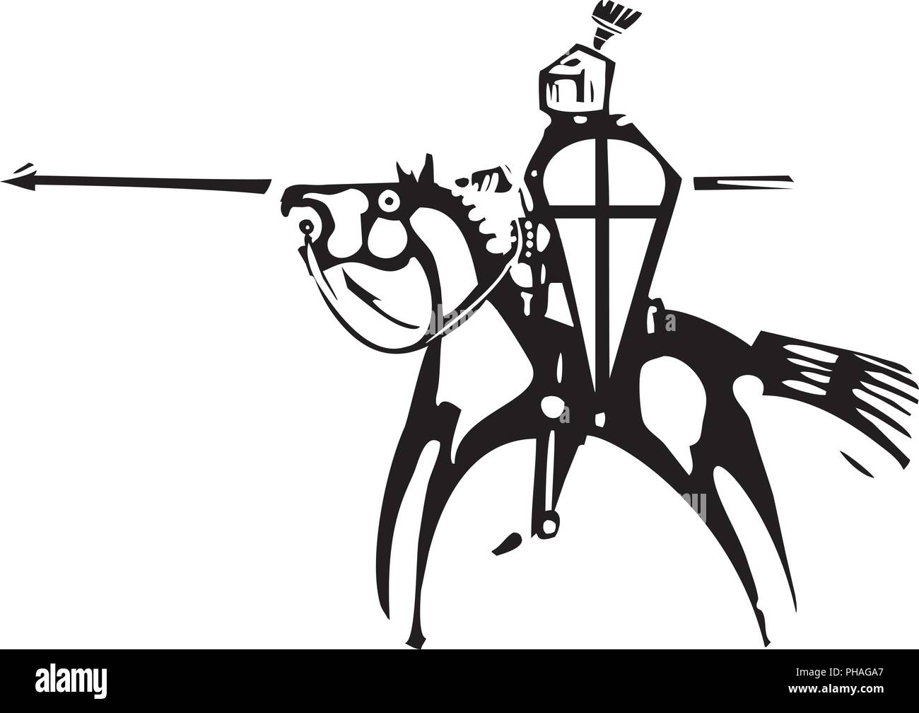 Silografia espressionistici cavaliere a cavallo con il cavallo e la lancia Illustrazione Vettoriale