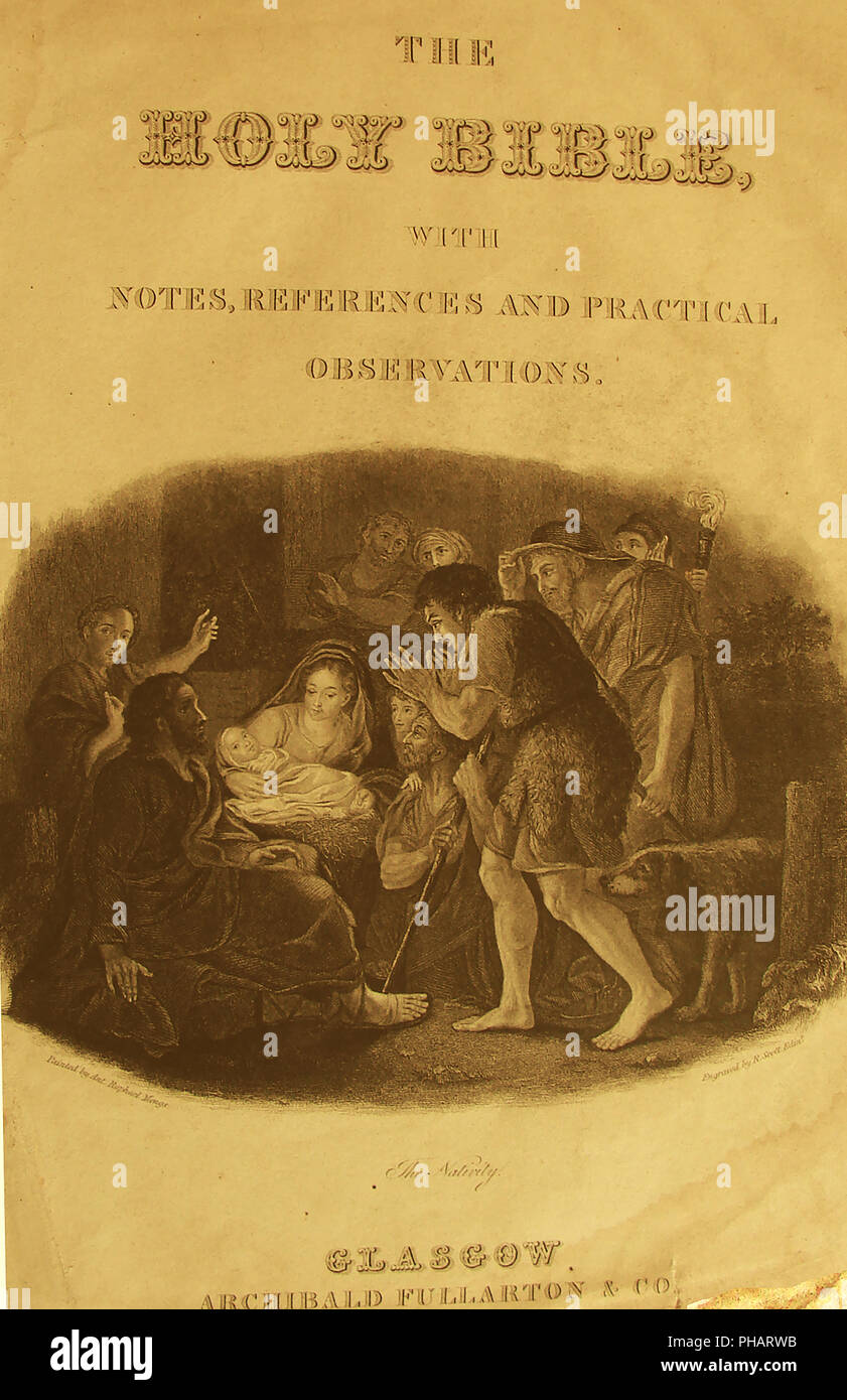 Una illustrazione dal marrone la Bibbia 1844 (UK) che mostra la Natività di Cristo e la visita del 3 saggi o 3 kings Foto Stock