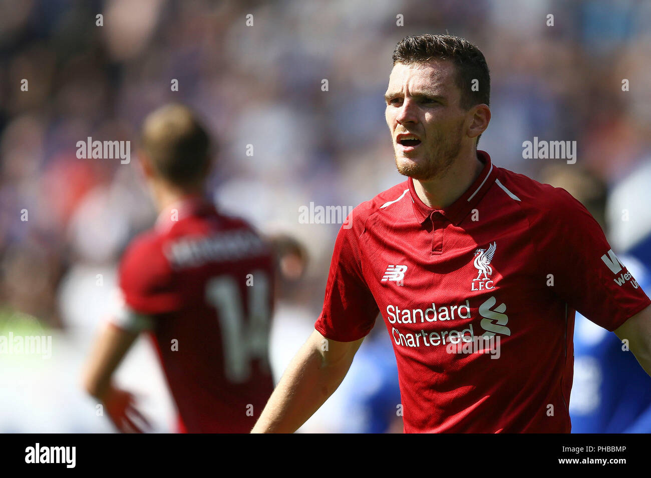 Leicester, Regno Unito. 1 settembre 2018. Andrew Robertson di Liverpool guarda a. Premier League, Leicester City v Liverpool al King Power Stadium di Leicester il sabato 1 settembre 2018. Questa immagine può essere utilizzata solo per scopi editoriali. Solo uso editoriale, è richiesta una licenza per uso commerciale. Nessun uso in scommesse, giochi o un singolo giocatore/club/league pubblicazioni. pic da Chris Stading/Andrew Orchard fotografia sportiva/Alamy Live news Foto Stock