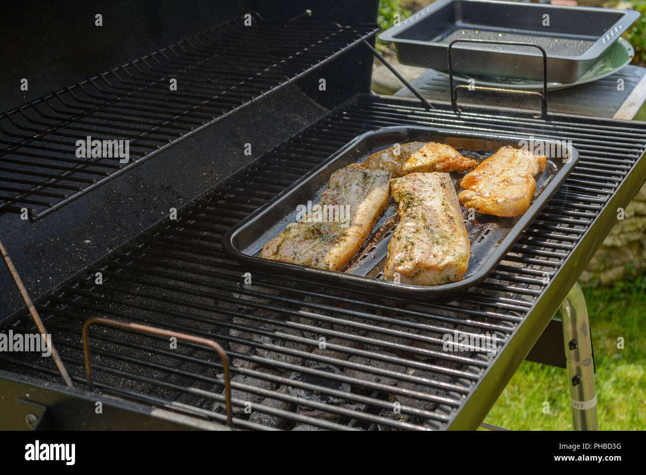 Deliziose grigliate di carne con un grill all'aperto Foto Stock