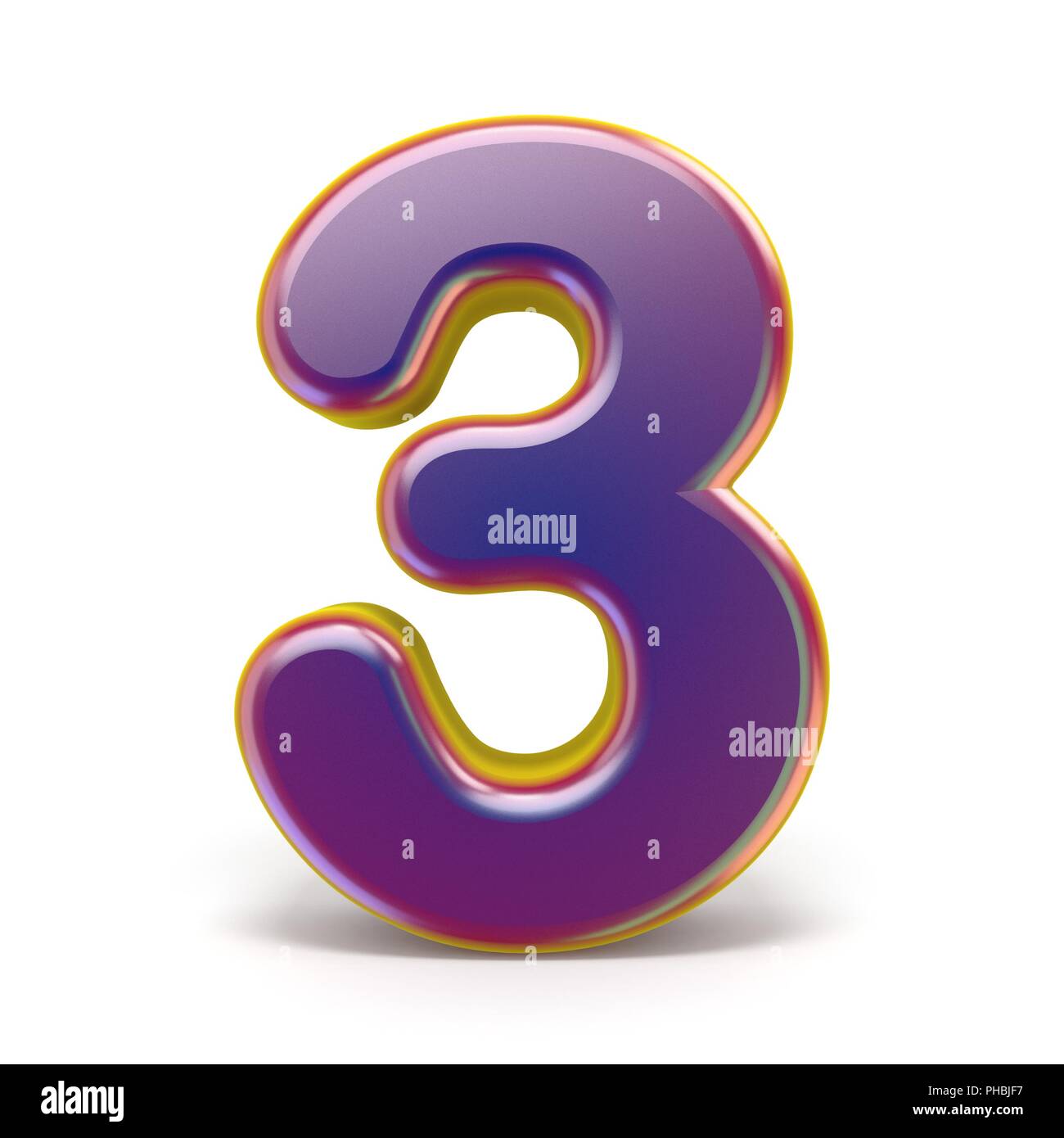 Numero tre 3 viola giallo font delineato il rendering 3D illustrazione isolati su sfondo bianco Foto Stock