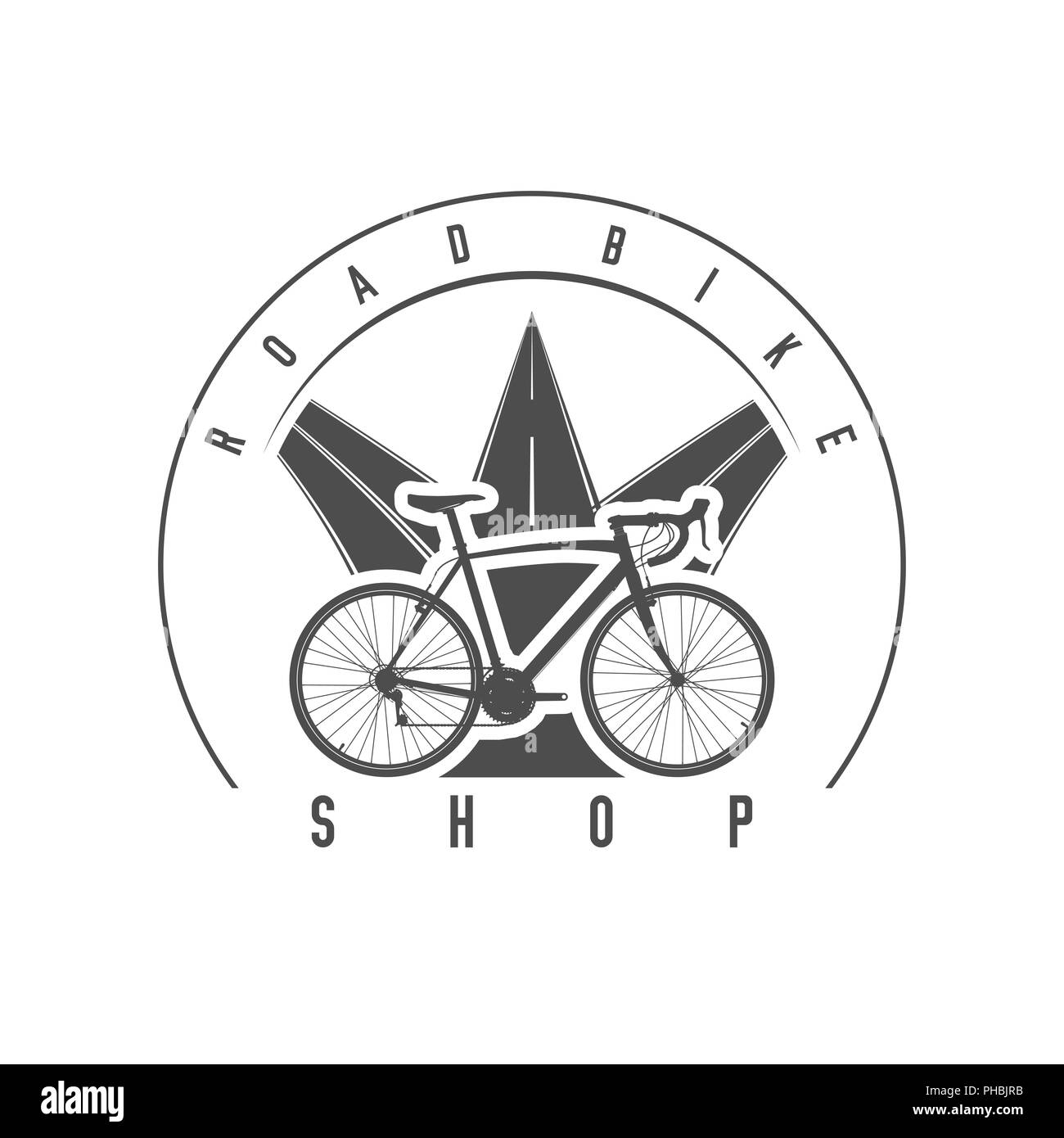 Road Bike Shop emblema distintivo. Illustrazione monocromatica. Bicicletta da strada Silhouette dettagliata. Foto Stock