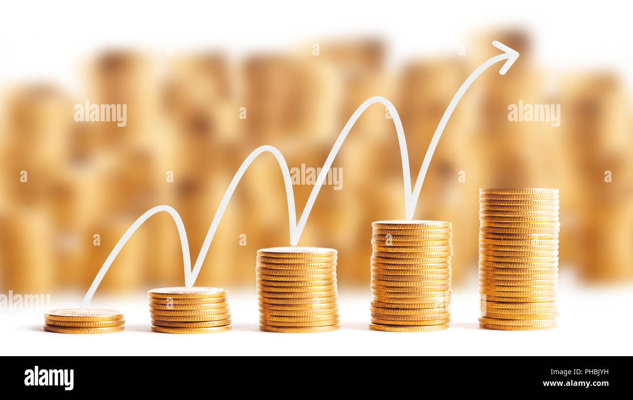 Righe di monete d'oro per il sistema bancario e finanziario concept Foto Stock