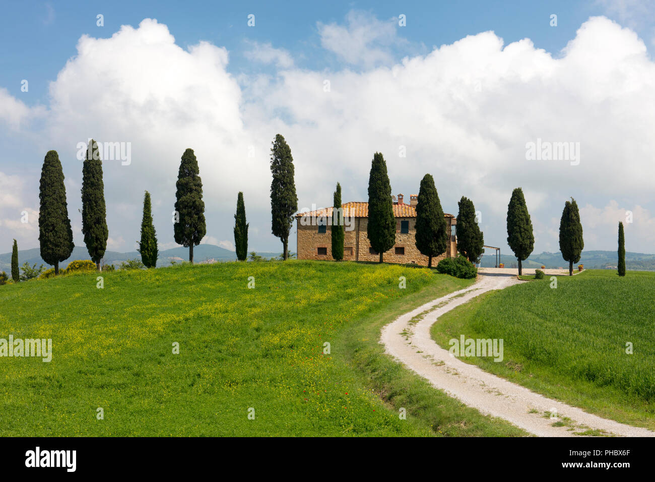 Villa toscana, percorso di avvolgimento e di cipressi con cielo blu vicino a Pienza, Toscana, Italia, Europa Foto Stock