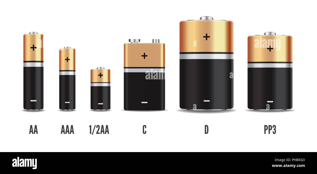 Vector oro e nero realistico batteria alcalina, set di dimensione diversa isolati su sfondo bianco. Illustrazione Vettoriale