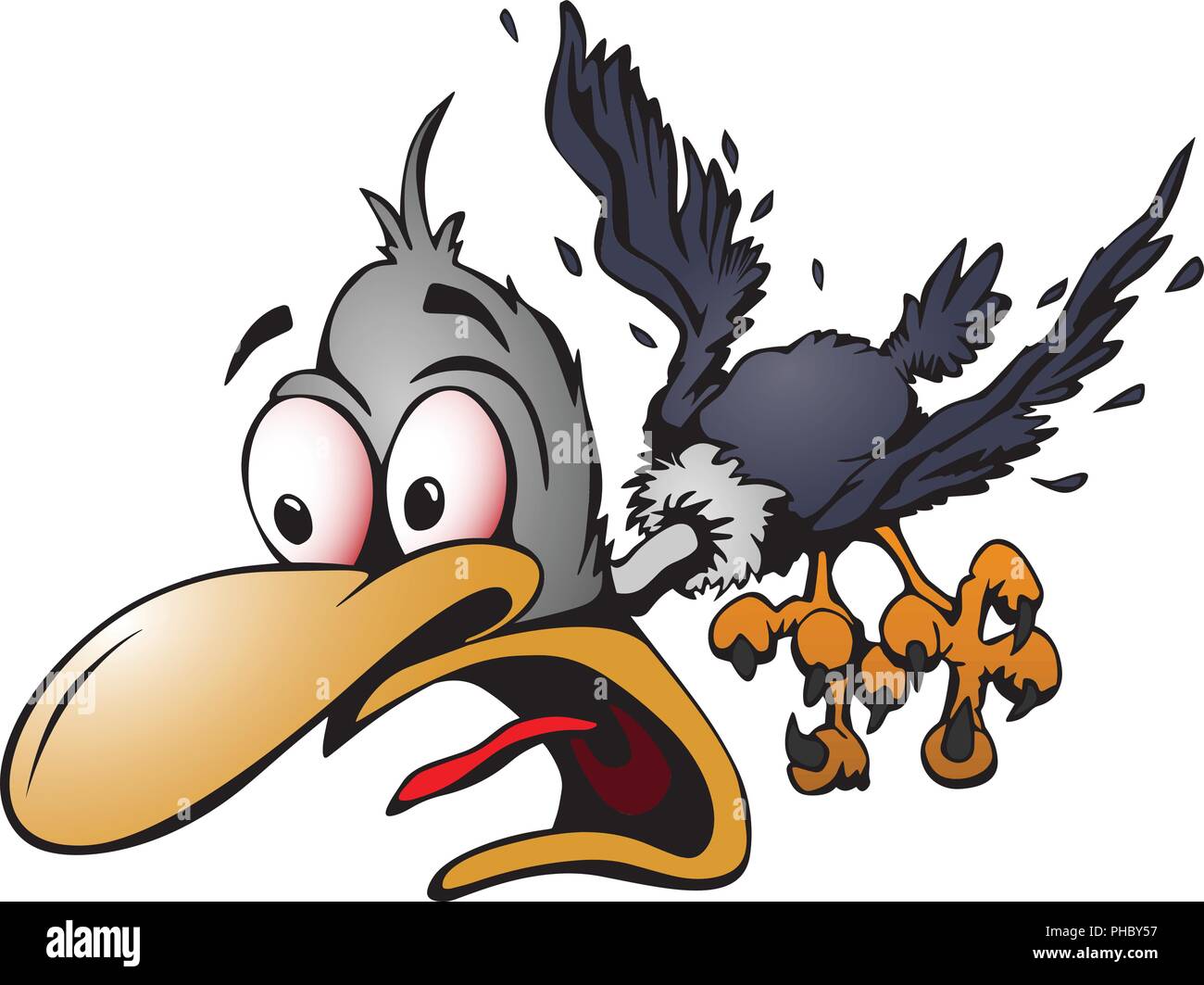 Crazy cartoon bird illustrazione vettoriale con espressione sconvolta, volare, allentato le piume, grandi occhi, full color cartoon graphic Illustrazione Vettoriale