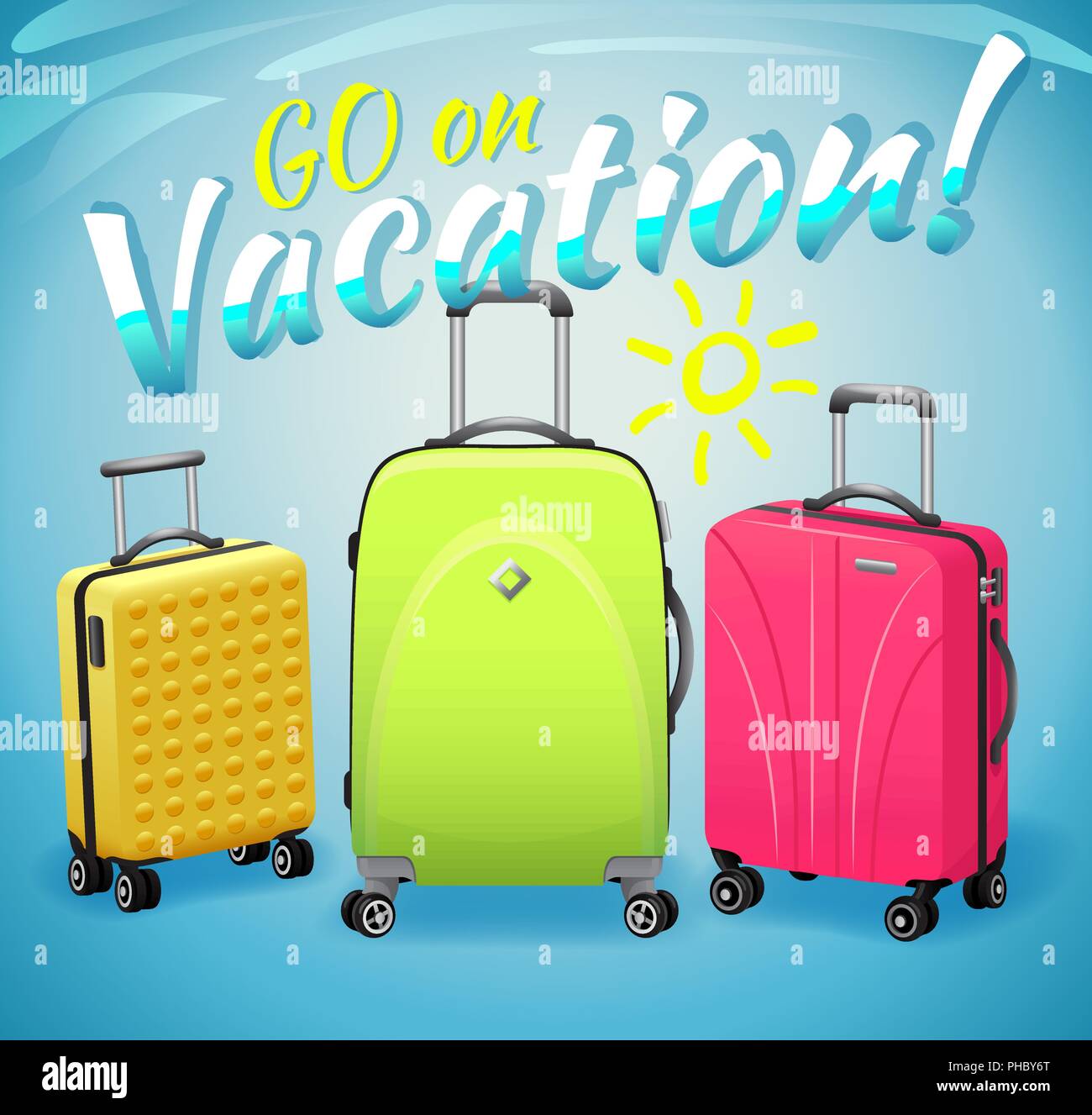 Concetto di vacanza estiva, luminoso multicolore di valigie con l'iscrizione. Illustrazione Vettoriale
