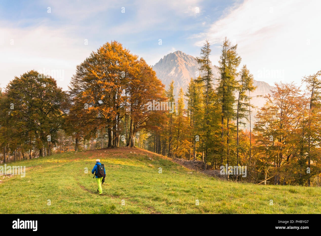 Escursionista Sul Prato Verde Durante L Autunno Piani Resinelli Valsassina Provincia Di Lecco Lombardia Alpi Italiane Italia Europa Foto Stock Alamy