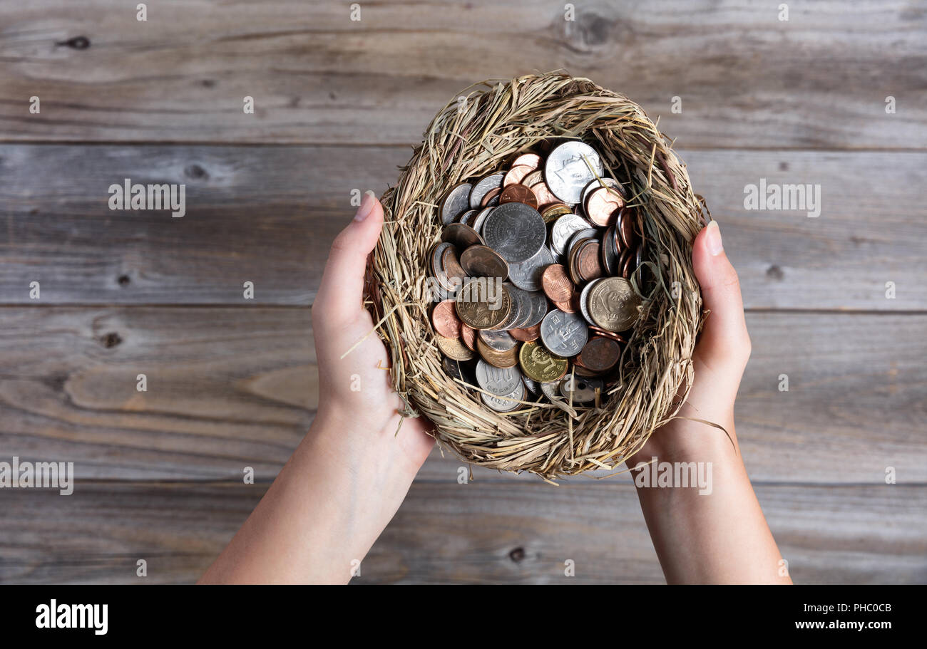 Mani nido uovo riempito di monete per il concetto di risparmio Foto Stock