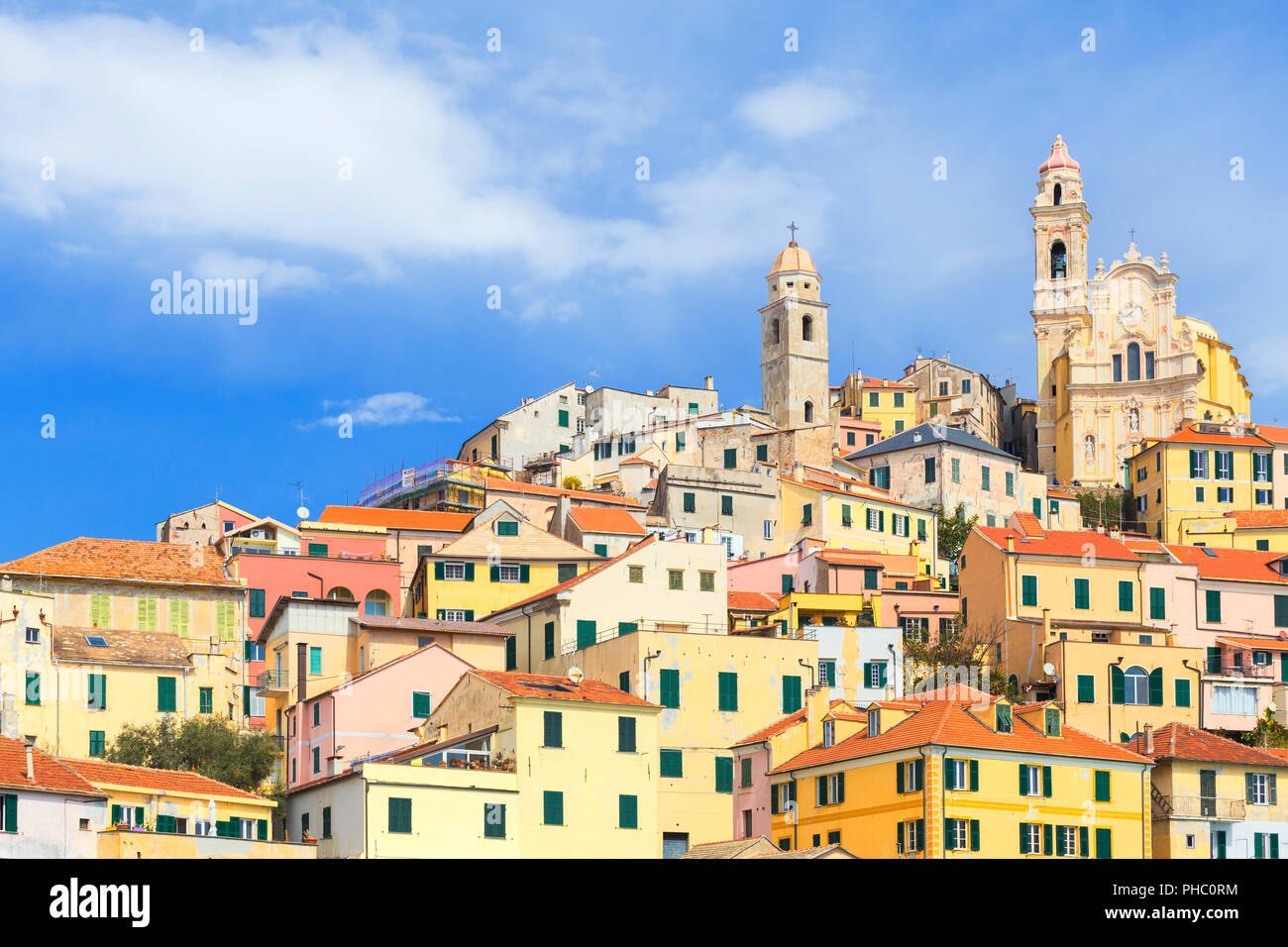 Case colorate di Cervo, Cervo, provincia di Imperia, Liguria, Italia, Europa Foto Stock