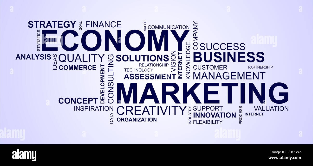 Wordcloud per l economia e per il marketing Foto Stock