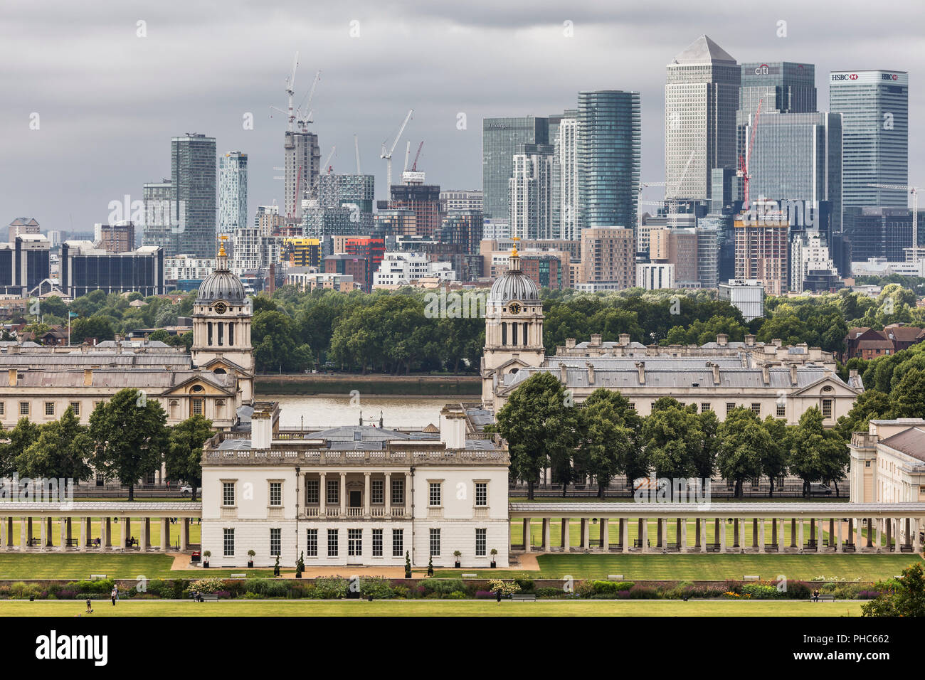 Queen's House e da Canary Wharf, cityscape da Greenwich hill, Greenwich, London, England, Regno Unito Foto Stock