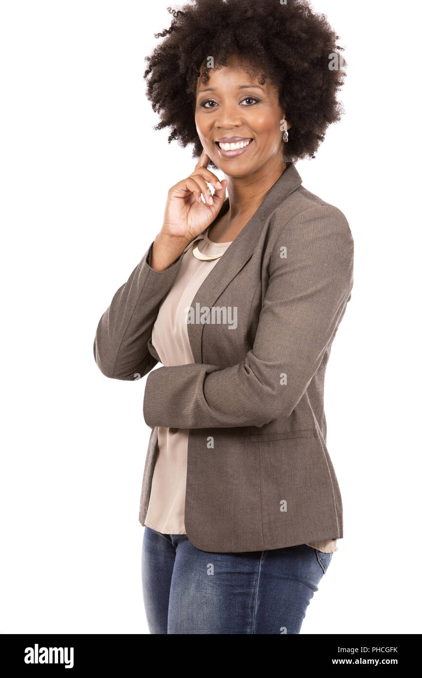 Nero donna casual su sfondo bianco Foto Stock