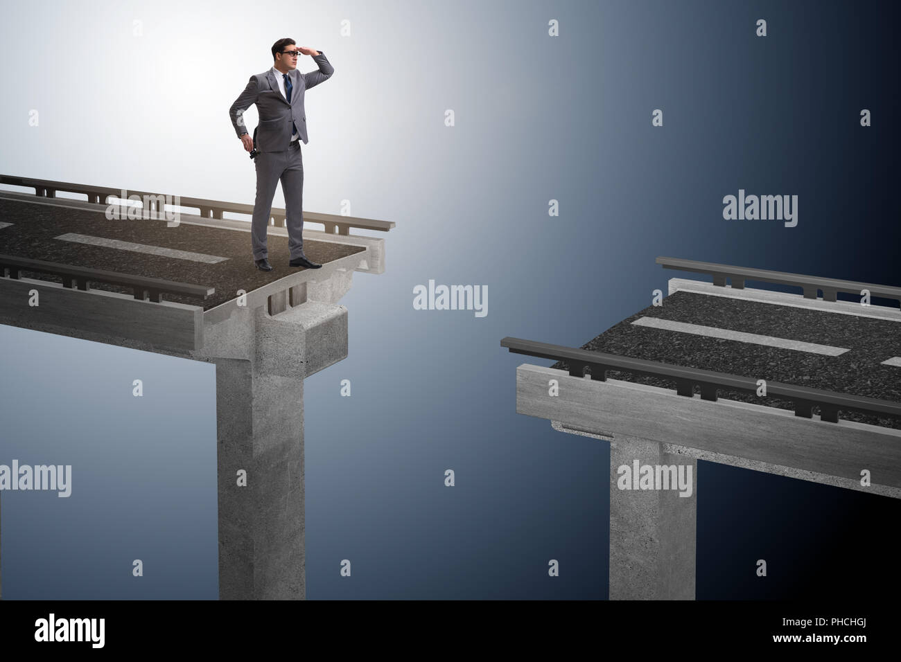 L imprenditore pronto a superare il ponte rotto Foto Stock